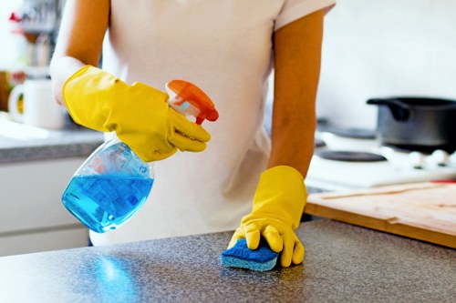 Cleaner dusting and vacuuming a modern Acton apartment interior